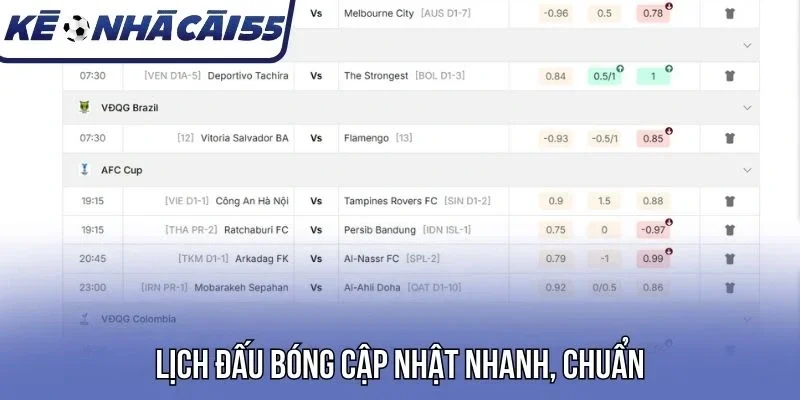 Lịch đấu bóng cập nhật nhanh, chuẩn