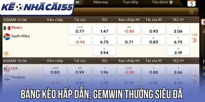 Bảng kèo hấp dẫn, Gemwin thưởng siêu đã 
