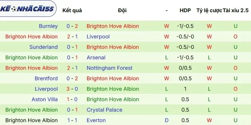 Phong độ mới đây nhất của Brighton